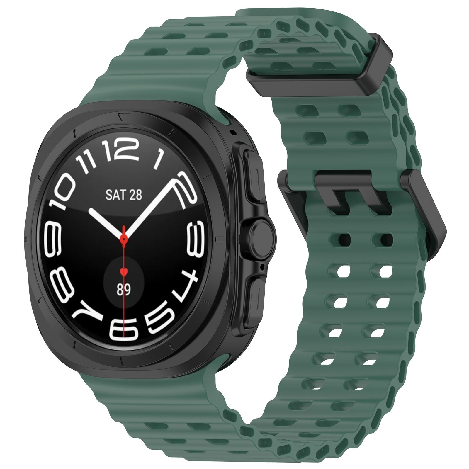 Black rugged smartwatch with square case and perforated sage green ocean loop band displaying time and date