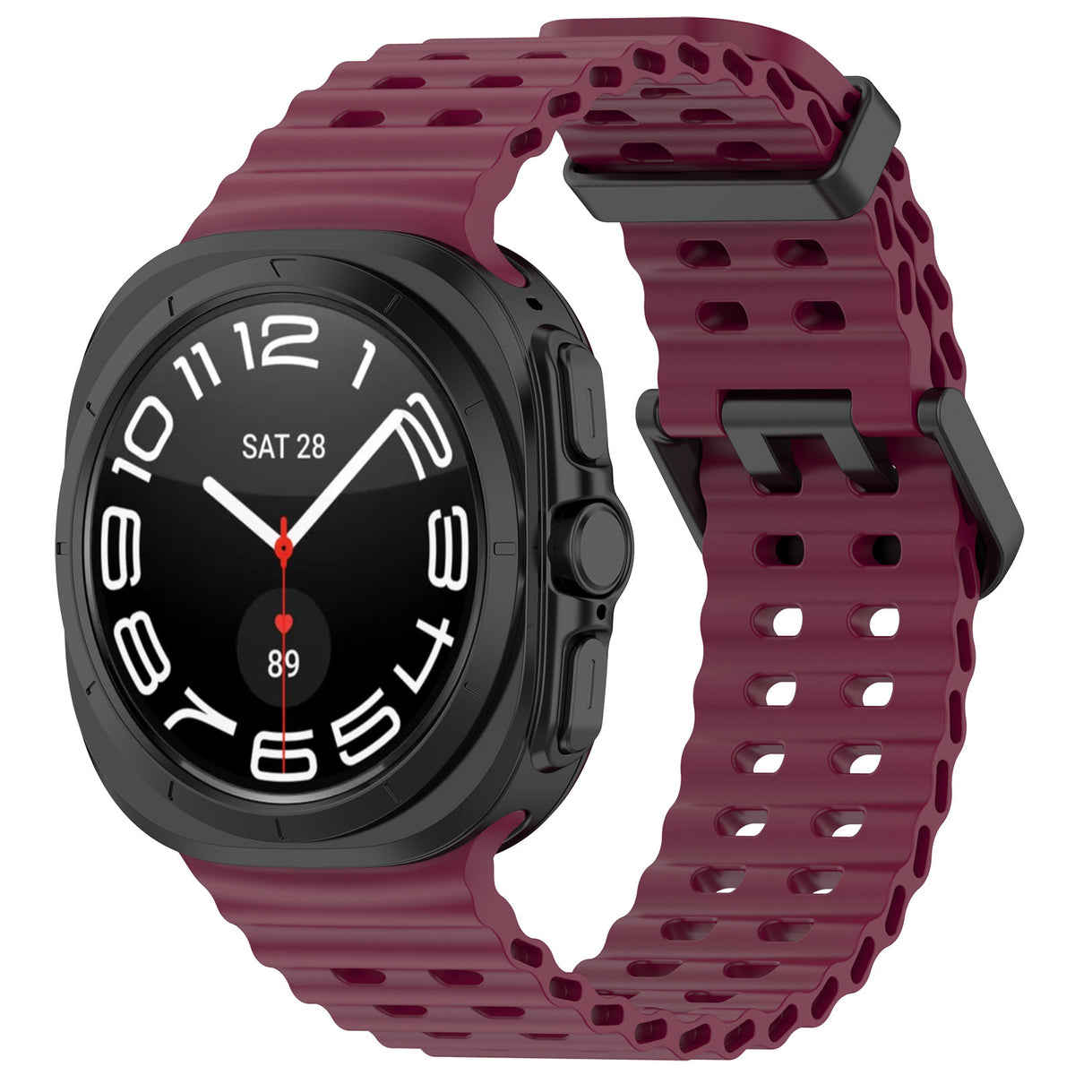 Black rugged smartwatch with burgundy perforated sports band and white dial showing time and date display
