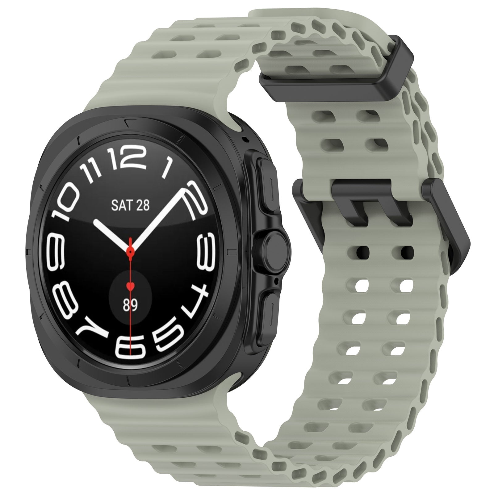 Black rugged smartwatch with square case, white dial numerals, red accents, and sage green perforated sport band