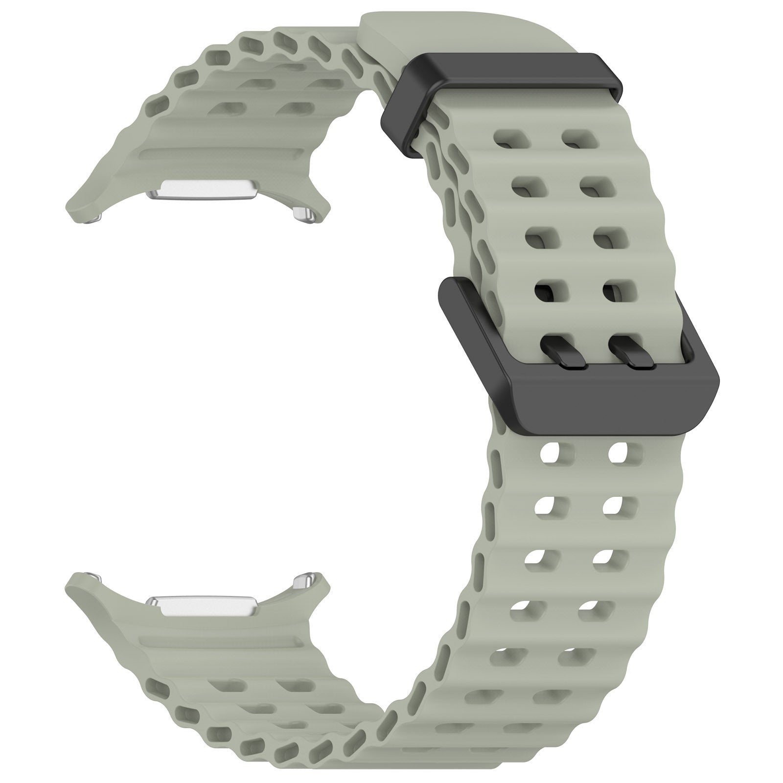 Sage green rugged ocean loop smartwatch band with perforated design and black connector hardware for Galaxy Watch Ultra