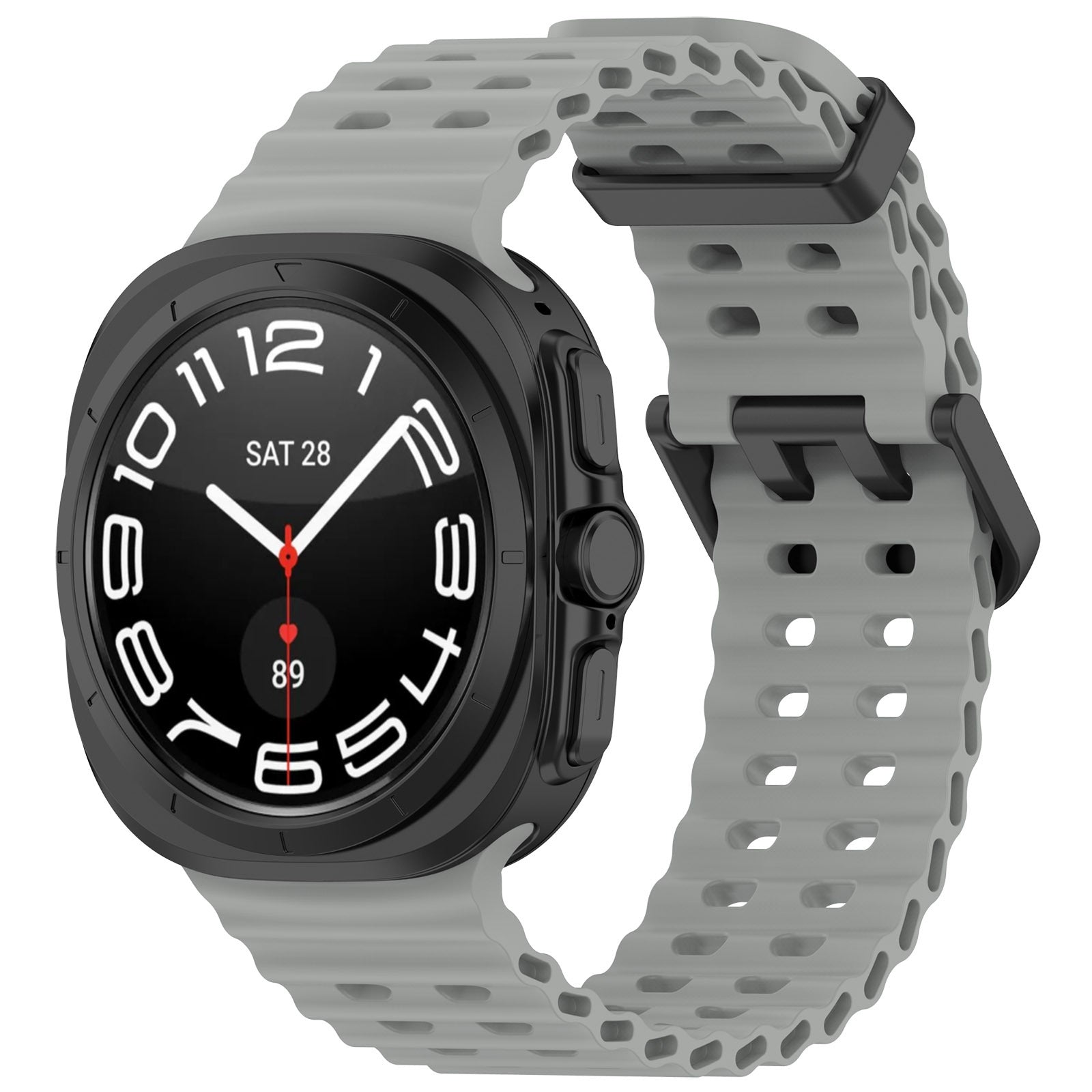Black rugged smartwatch with gray perforated sport band, digital display showing time and date, dual chronographs, red accents