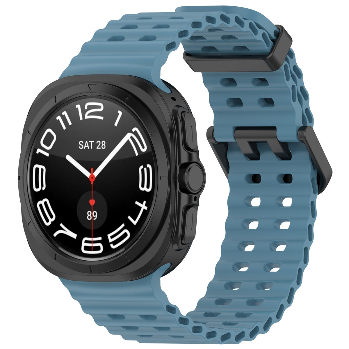 Black rugged smartwatch with blue perforated sport band, white analog dial, and red accent hands displaying time and date