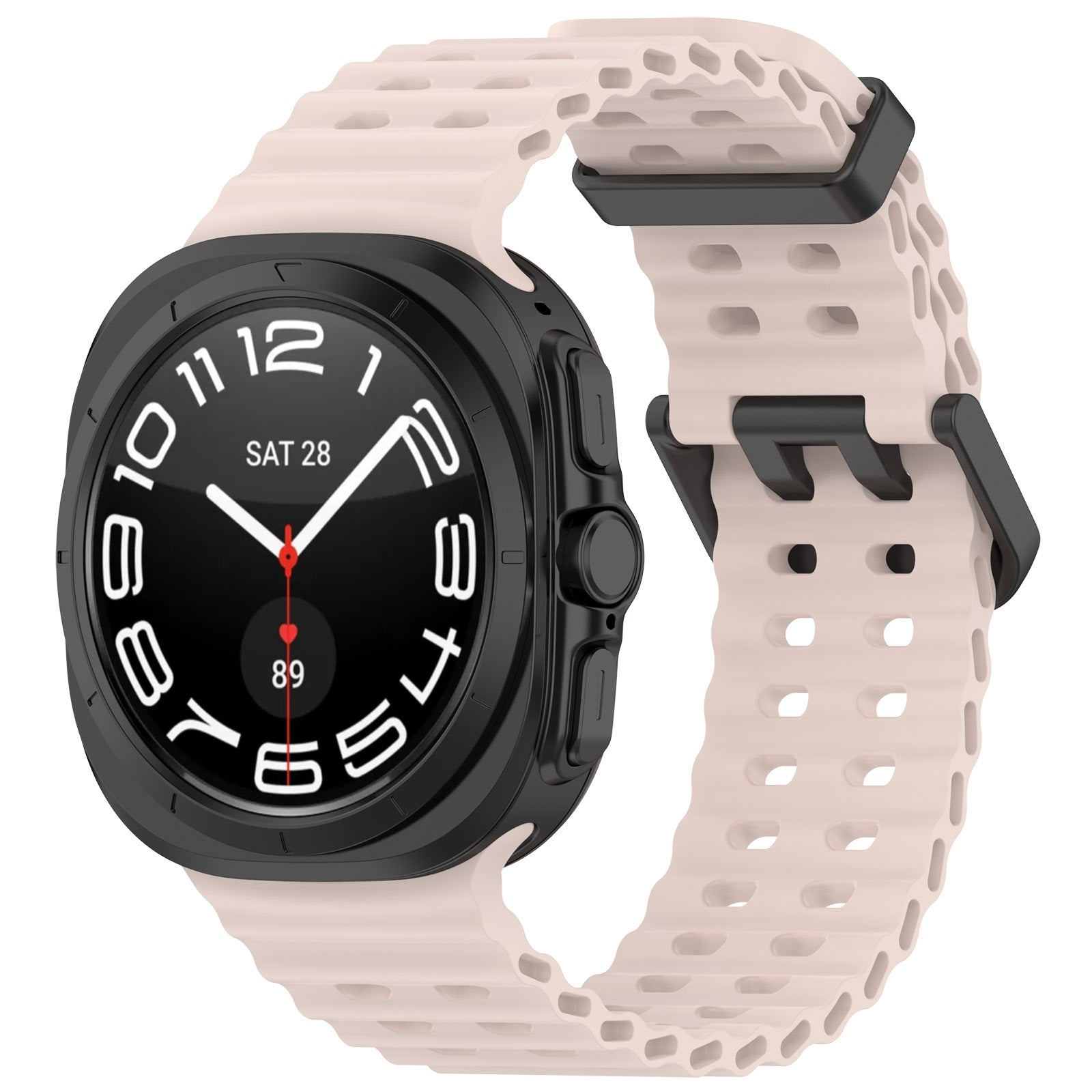 Black rugged smartwatch with beige perforated sport band and digital display showing time and date