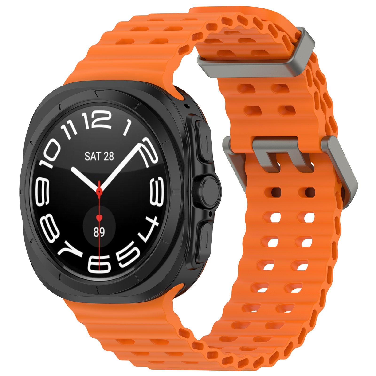 Black rugged smartwatch with orange perforated silicone band and black dial displaying time