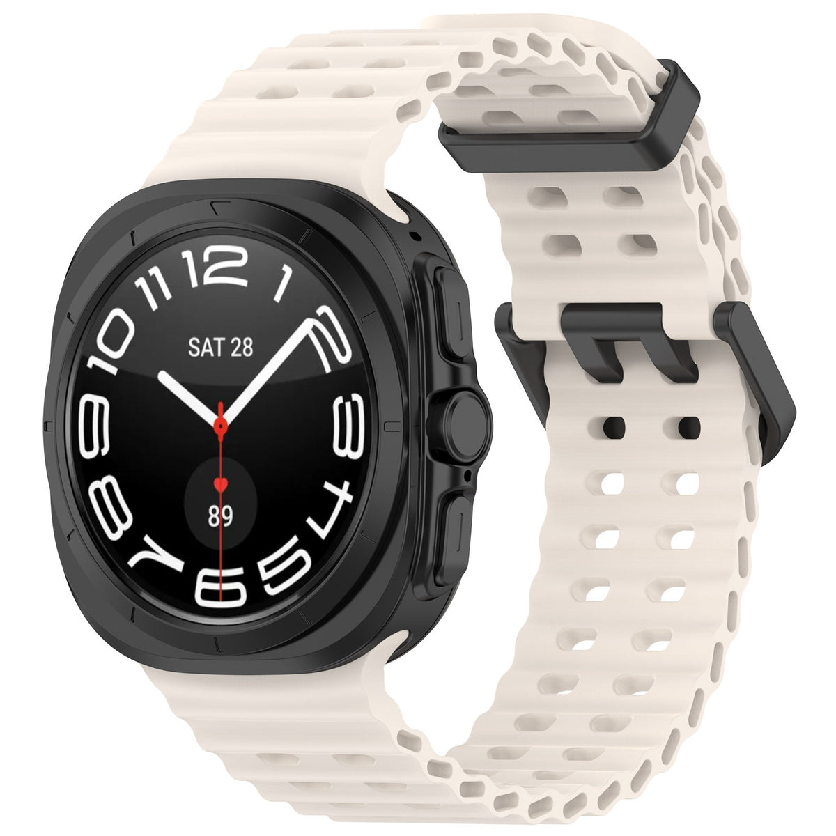 Black smartwatch with cream perforated sport band showing analog dial, white hour markers, and red accents