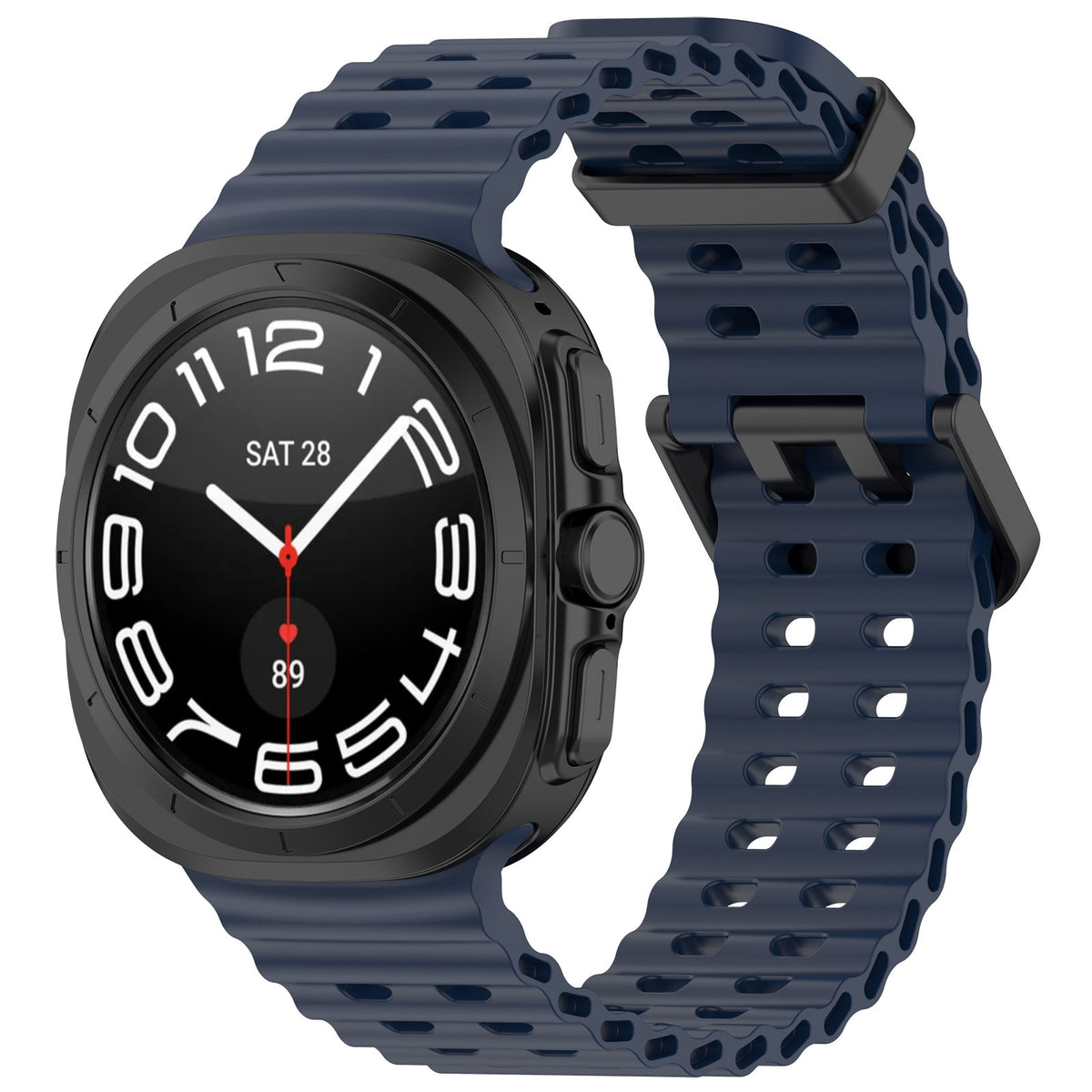 Black rugged smartwatch with navy blue perforated ocean loop band, analog dial, and red accent hands