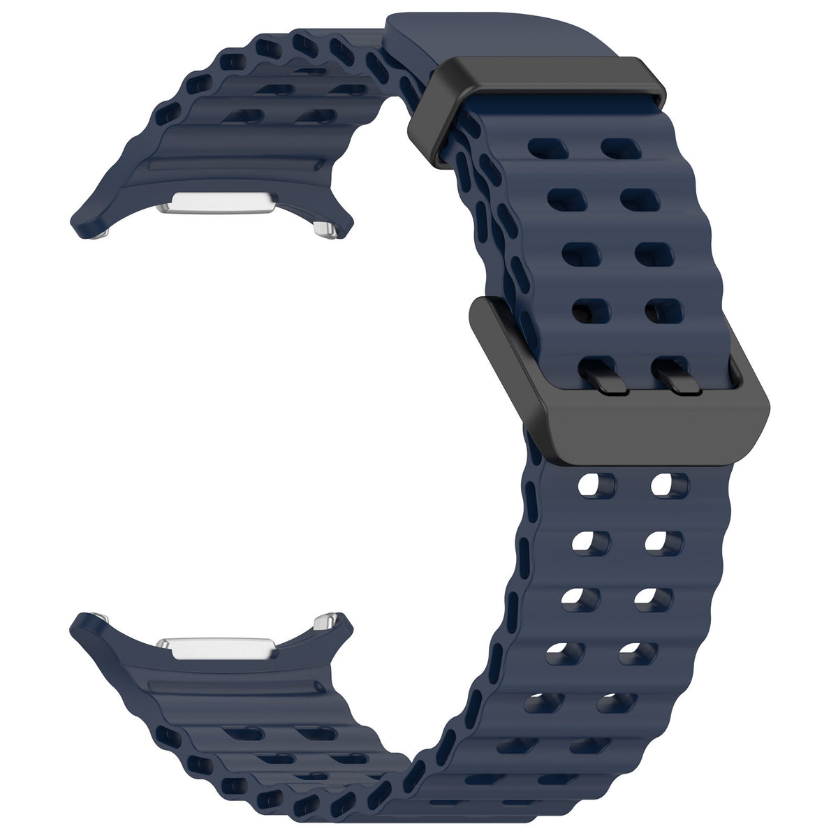 Navy blue rugged ocean loop smartwatch band with perforated design and black buckle closure