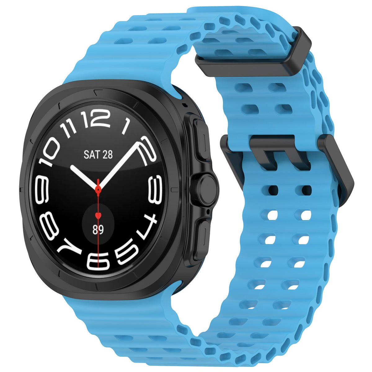 Black rugged smartwatch with blue perforated sport band and analog dial displaying date and time