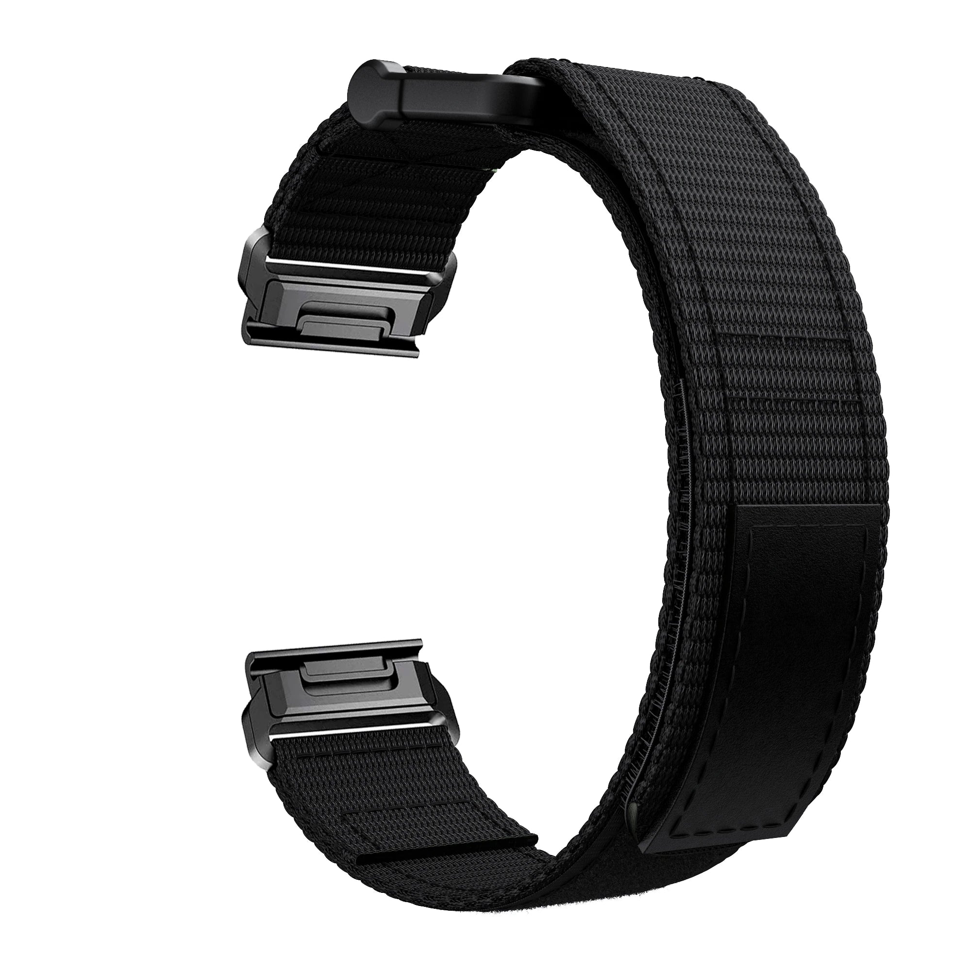 Black tactical watch band with velcro closure and quick release buckle, adjustable nylon strap for military style watches
