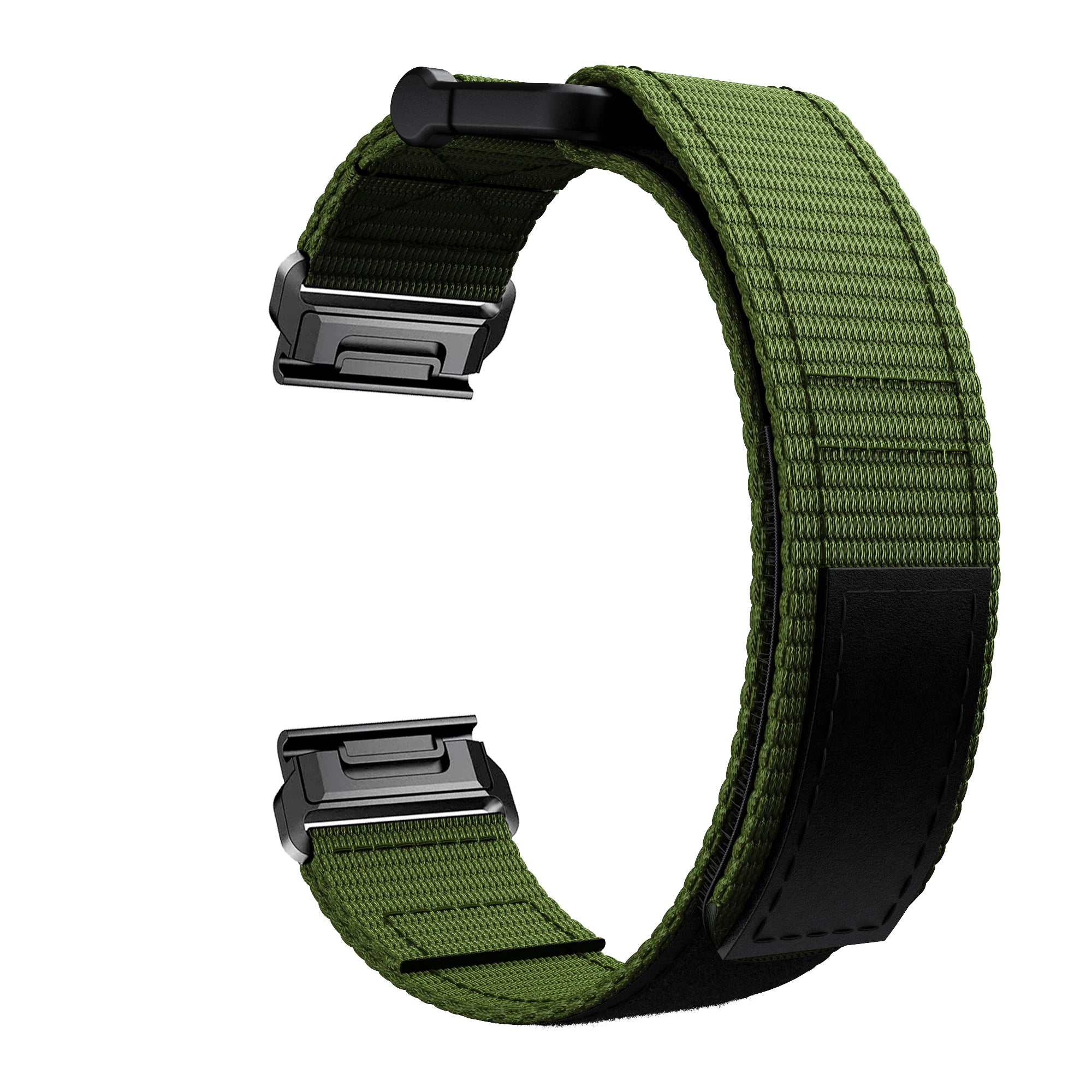 Green nylon QuickFit watch band with black plastic buckle and Velcro closure for secure fastening