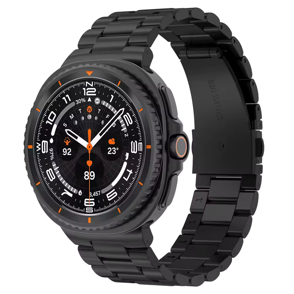 Black stainless steel smartwatch with chronograph dial, orange accents, and matching metal bracelet band