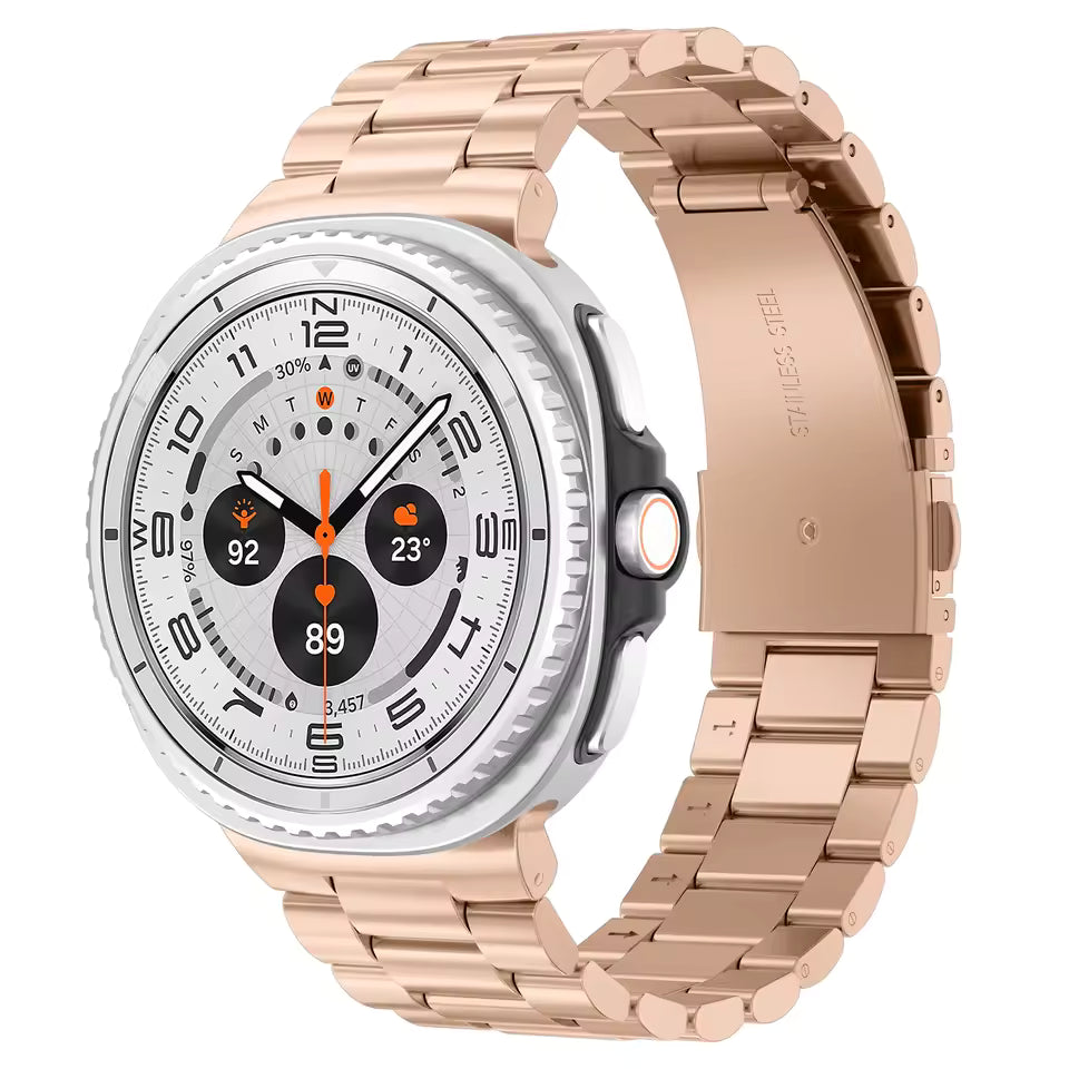 Rose gold stainless steel smartwatch with white dial, chronograph subdials, orange accents, and matching rose gold metal bracelet band