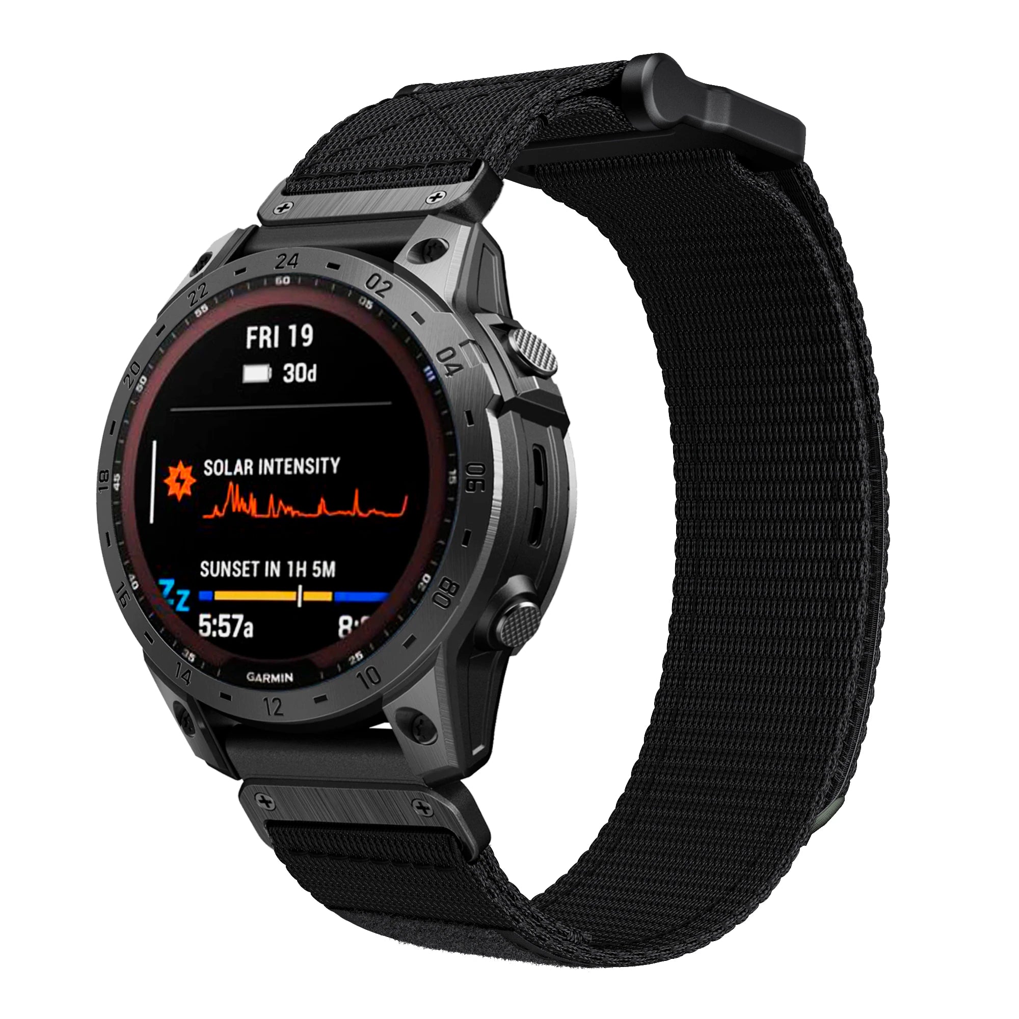 Garmin smartwatch with black fabric velcro band displaying solar intensity and sunset time data on AMOLED screen