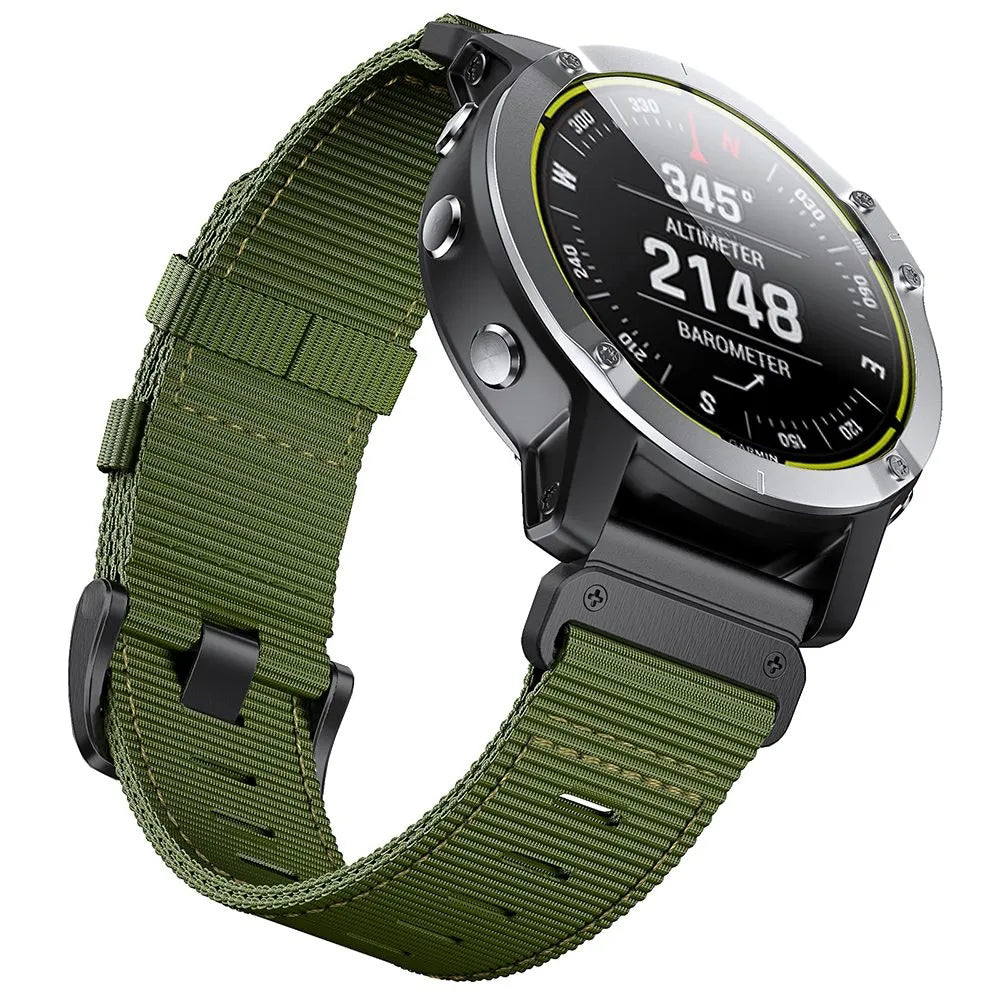 Military sports smartwatch with altimeter barometer display and olive green nylon quick-fit band strap