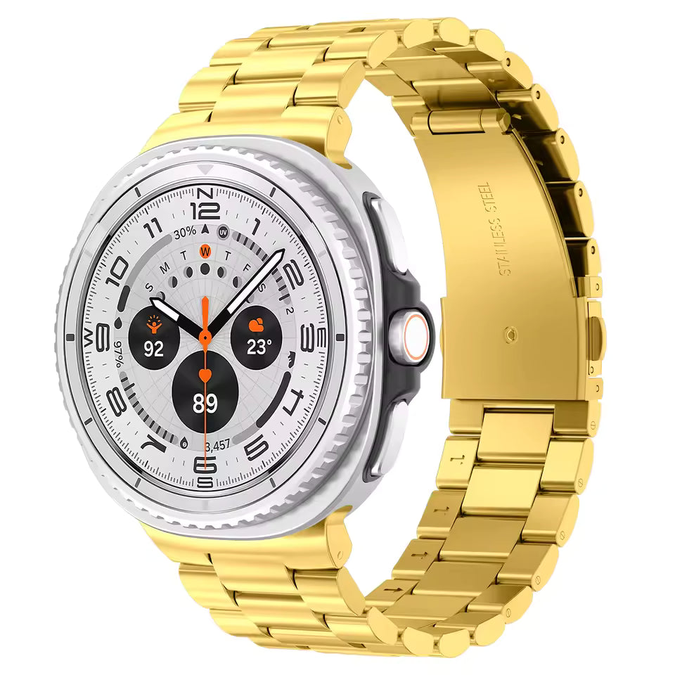 Gold stainless steel smart watch with white dial, chronograph subdials, and matching gold metal bracelet band