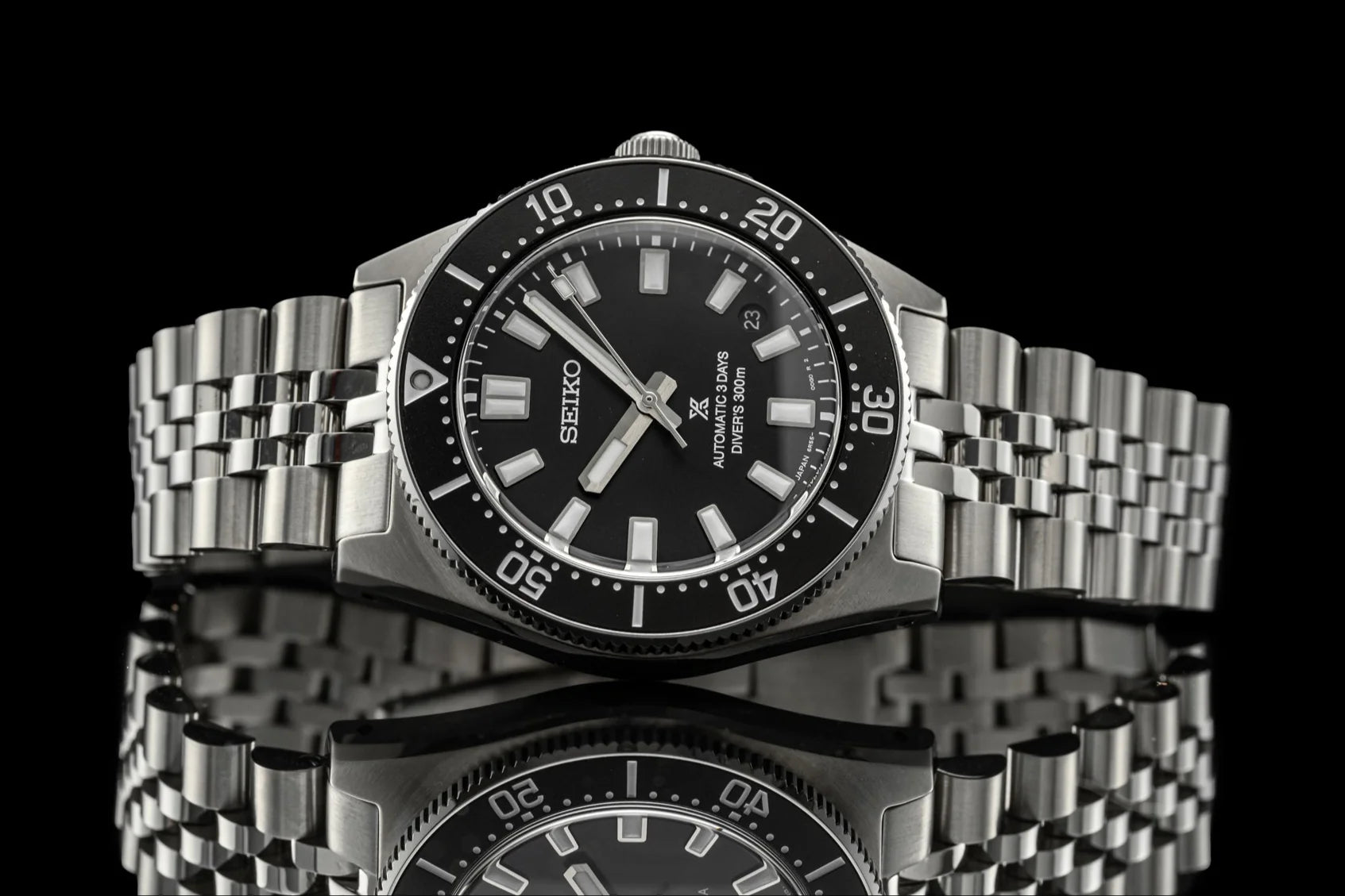 Seiko SPB45 automatic diver watch with stainless steel bracelet, black dial, and 300m water resistance