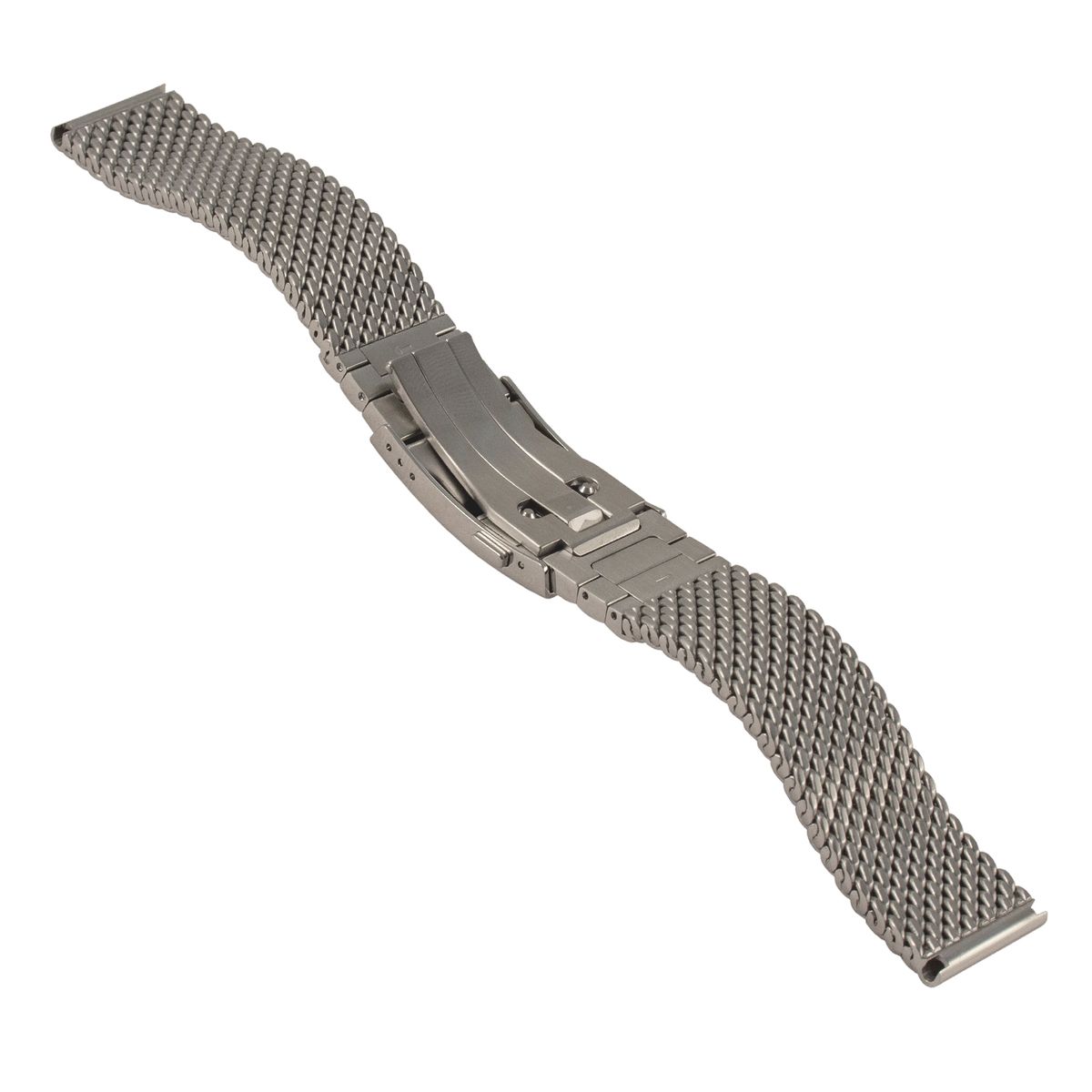 Staib Milanese Link silver mesh watch strap with button clasp, full length view on white background