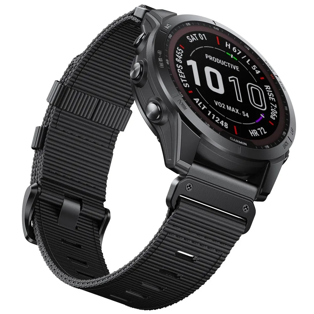 Black nylon QuickFit Army strap smartwatch band with tactical hardware for Garmin sports watch