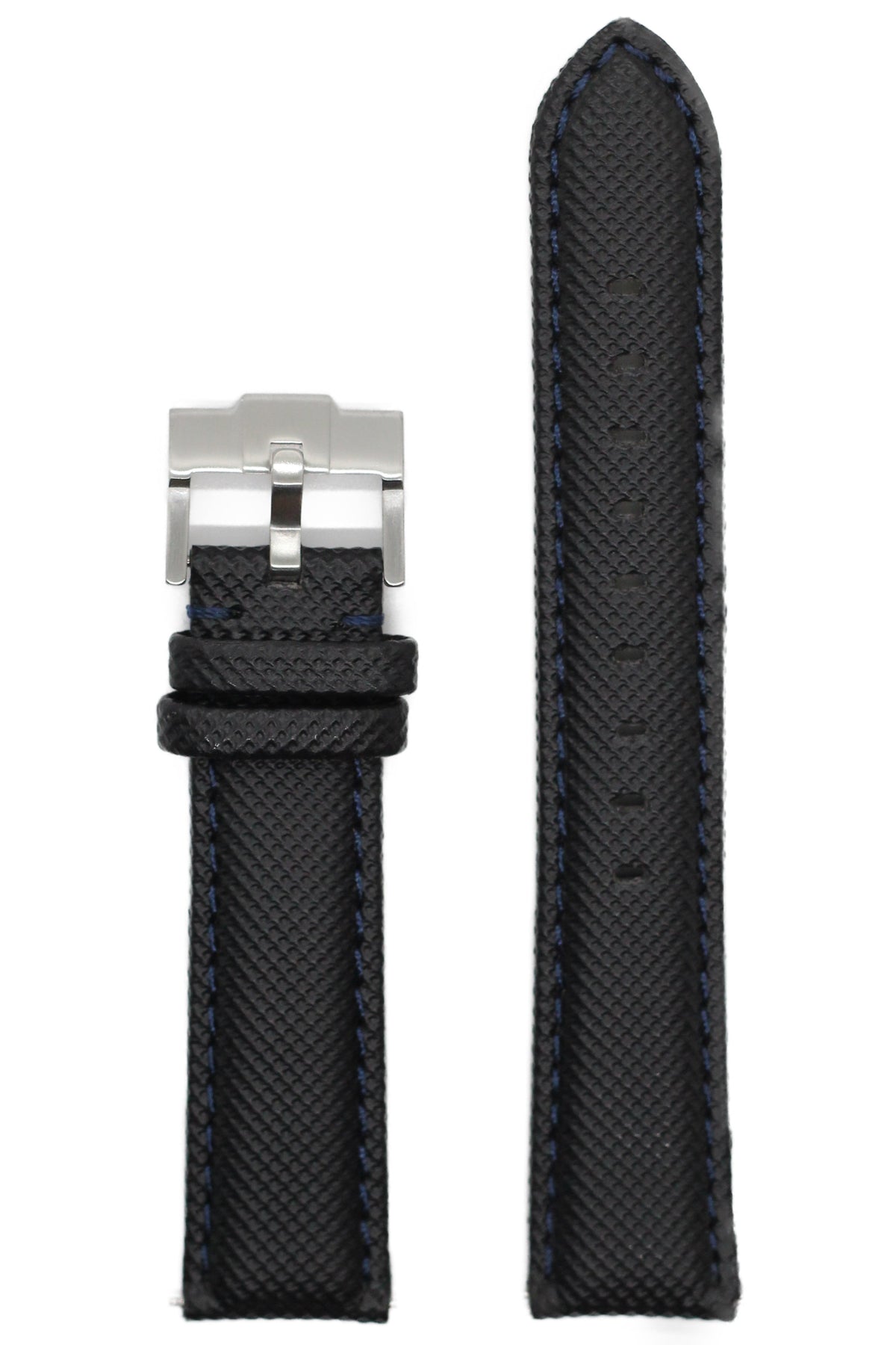 Black sailcloth watch band with navy blue stitching and stainless steel buckle for Galaxy Watch 8 and Ultra