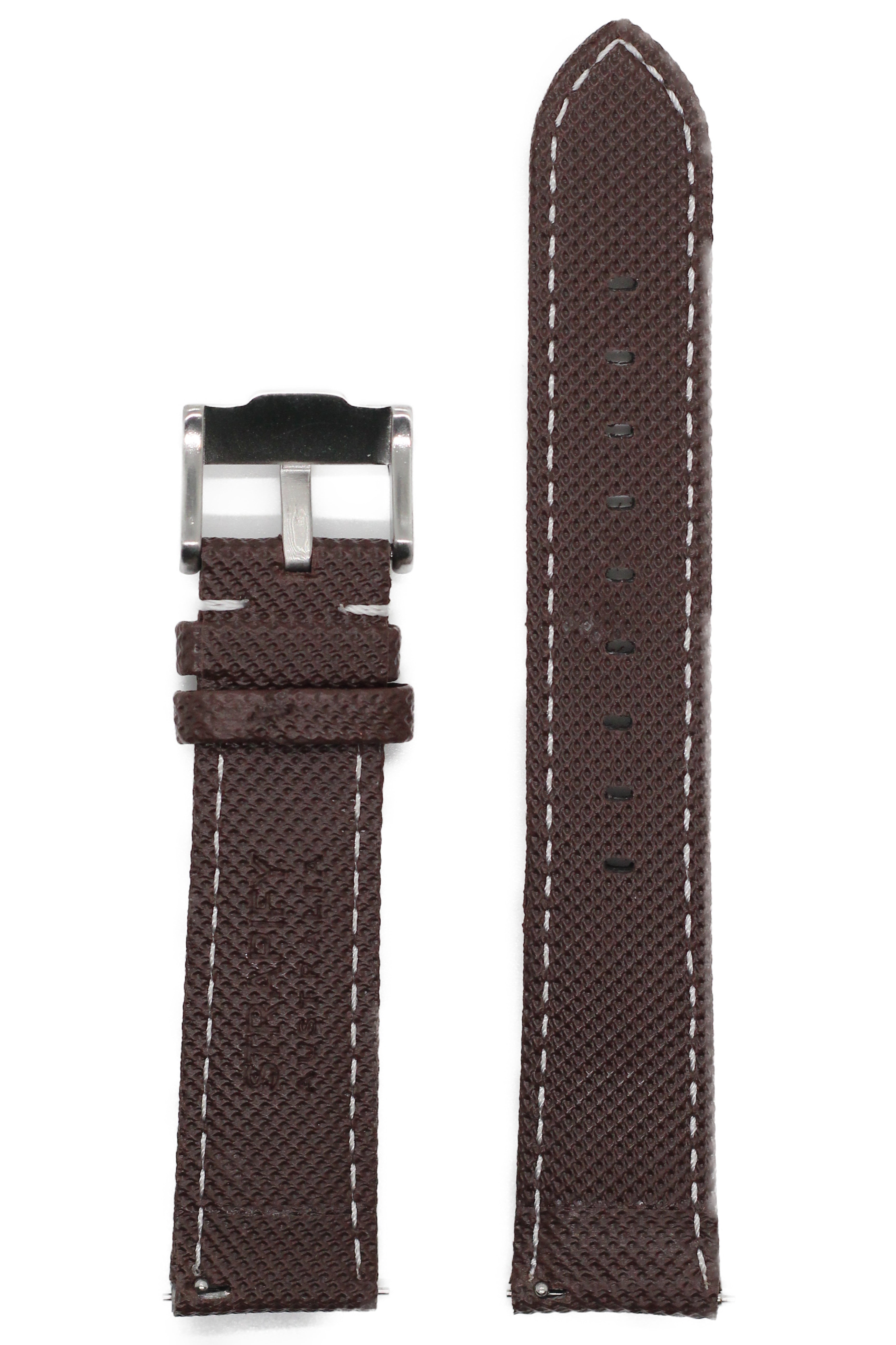 Brown sailcloth quick release watch strap with white stitching and stainless steel buckle