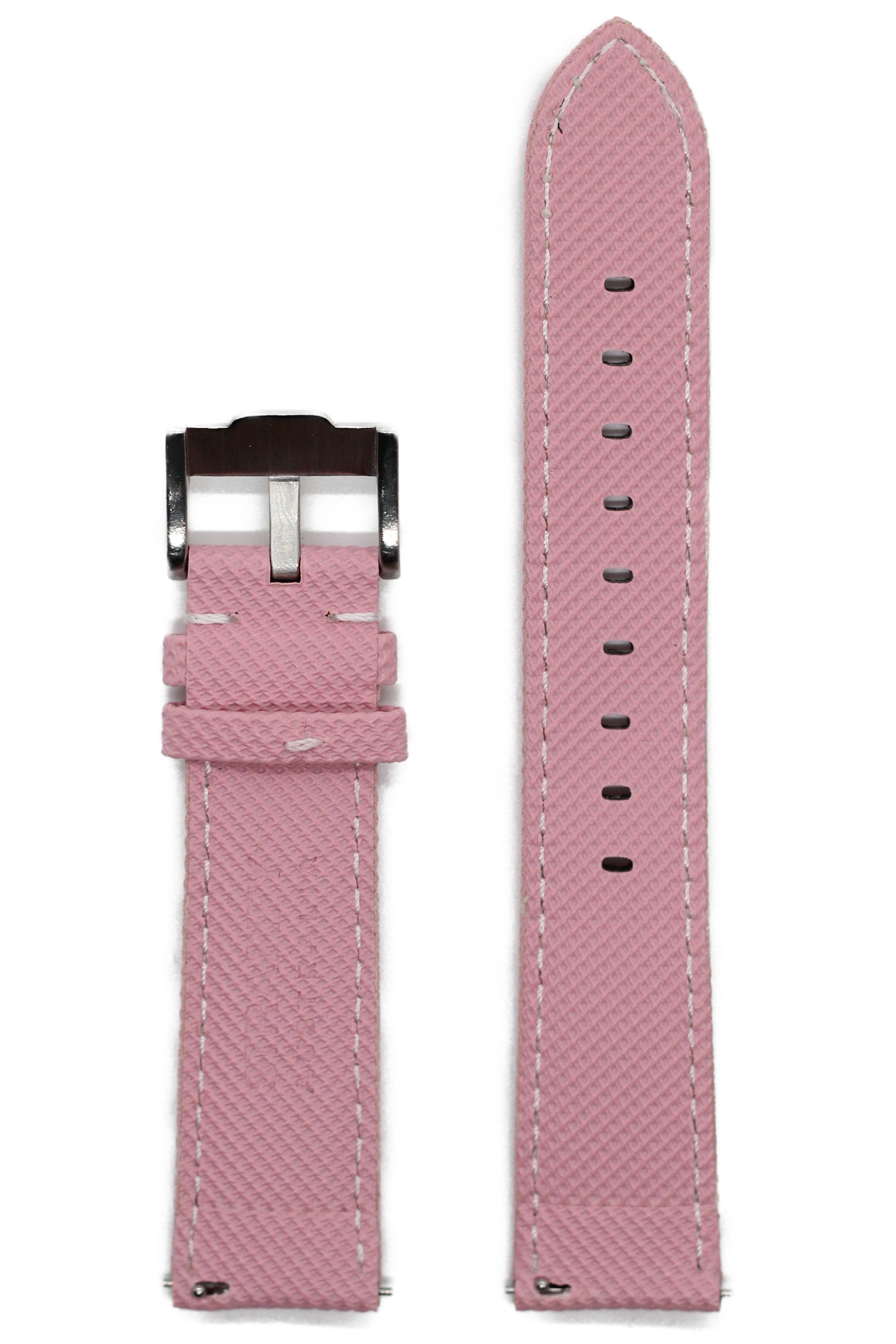 Pink sailcloth watch band with quick release, silver buckle and white stitching, adjustable length