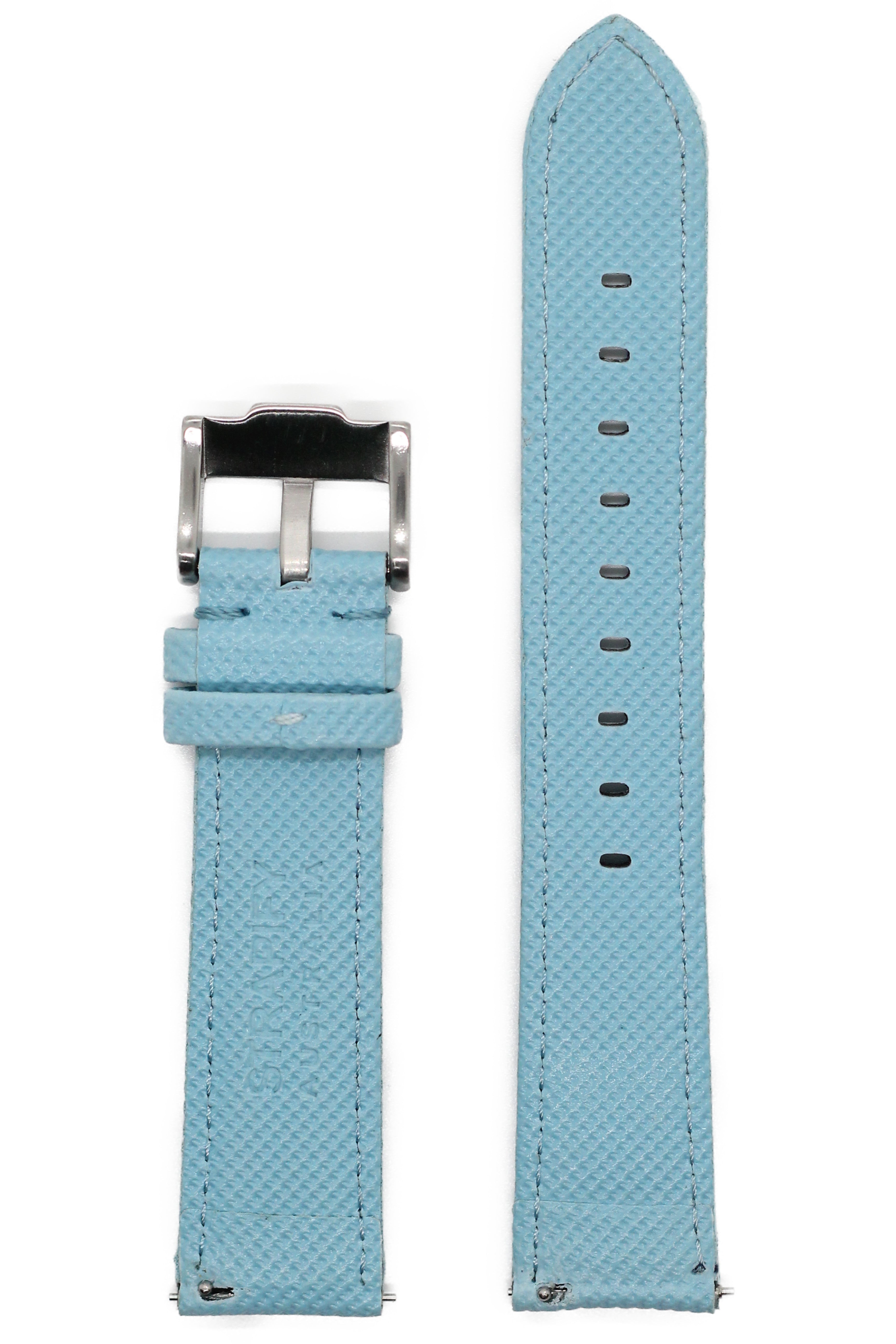 Light blue sailcloth watch band with quick release mechanism and stainless steel buckle