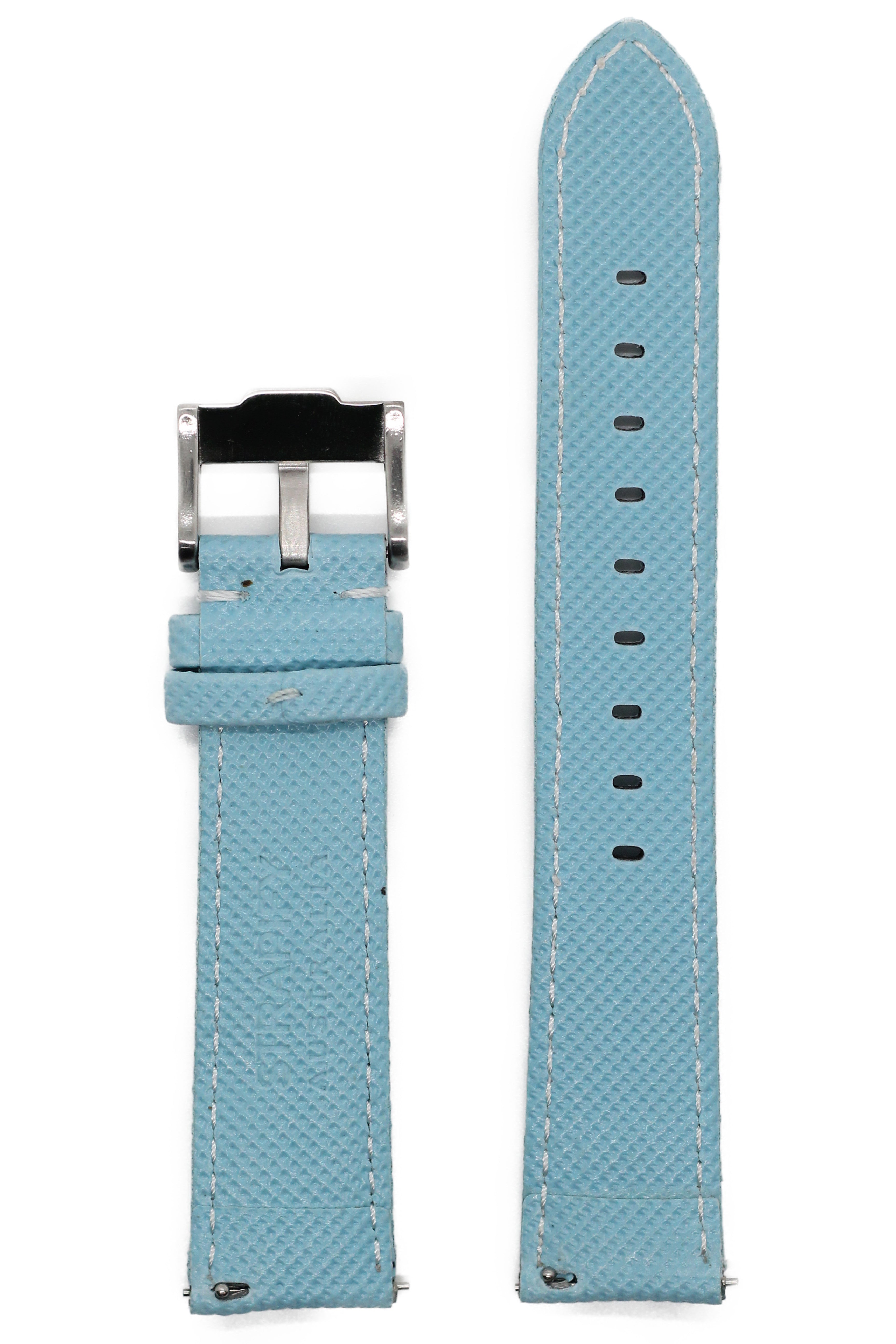 Light blue sailcloth watch band with white stitching and quick release silver buckle, shown folded and extended
