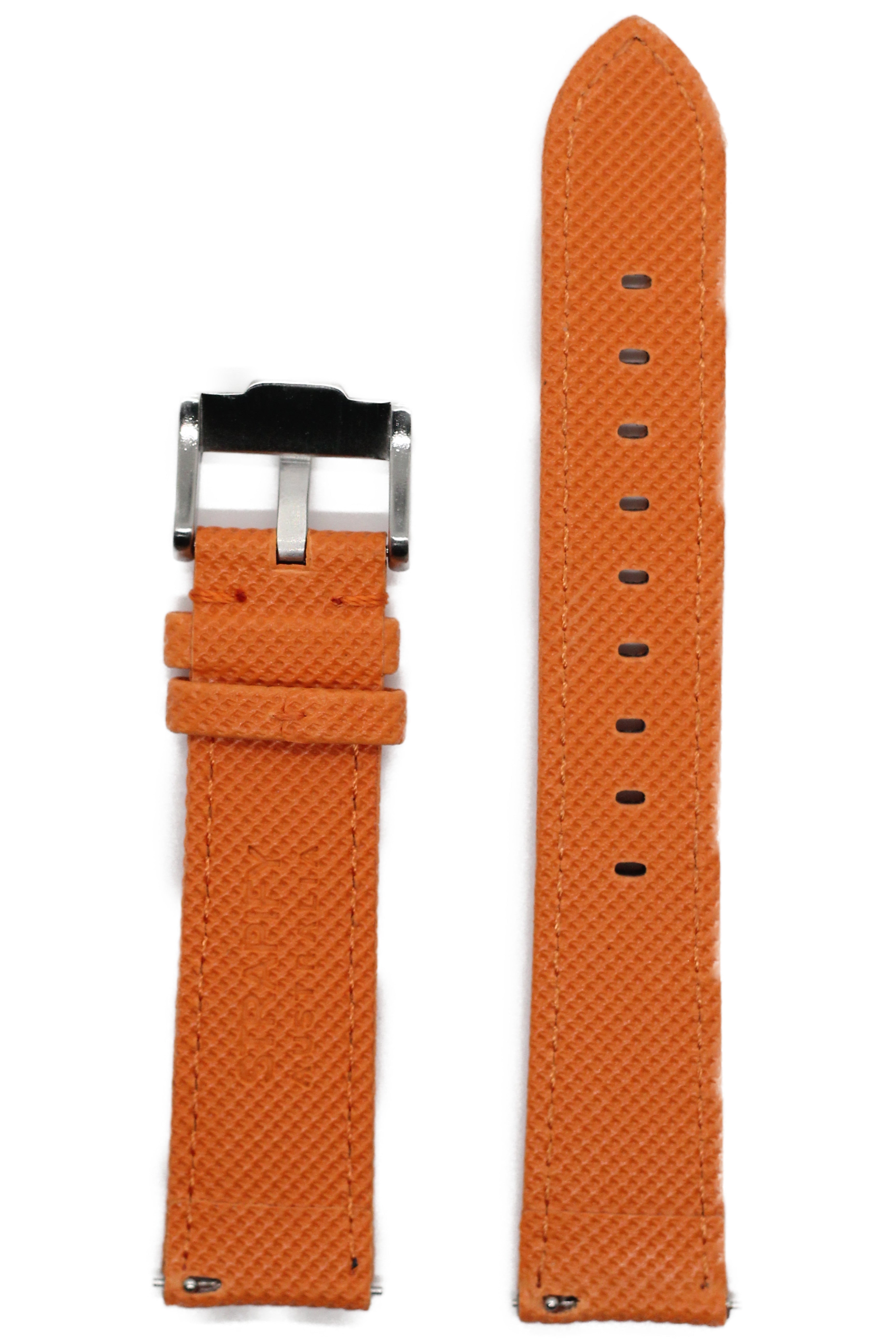 Orange sailcloth quick release watch band with silver buckle and adjustment holes