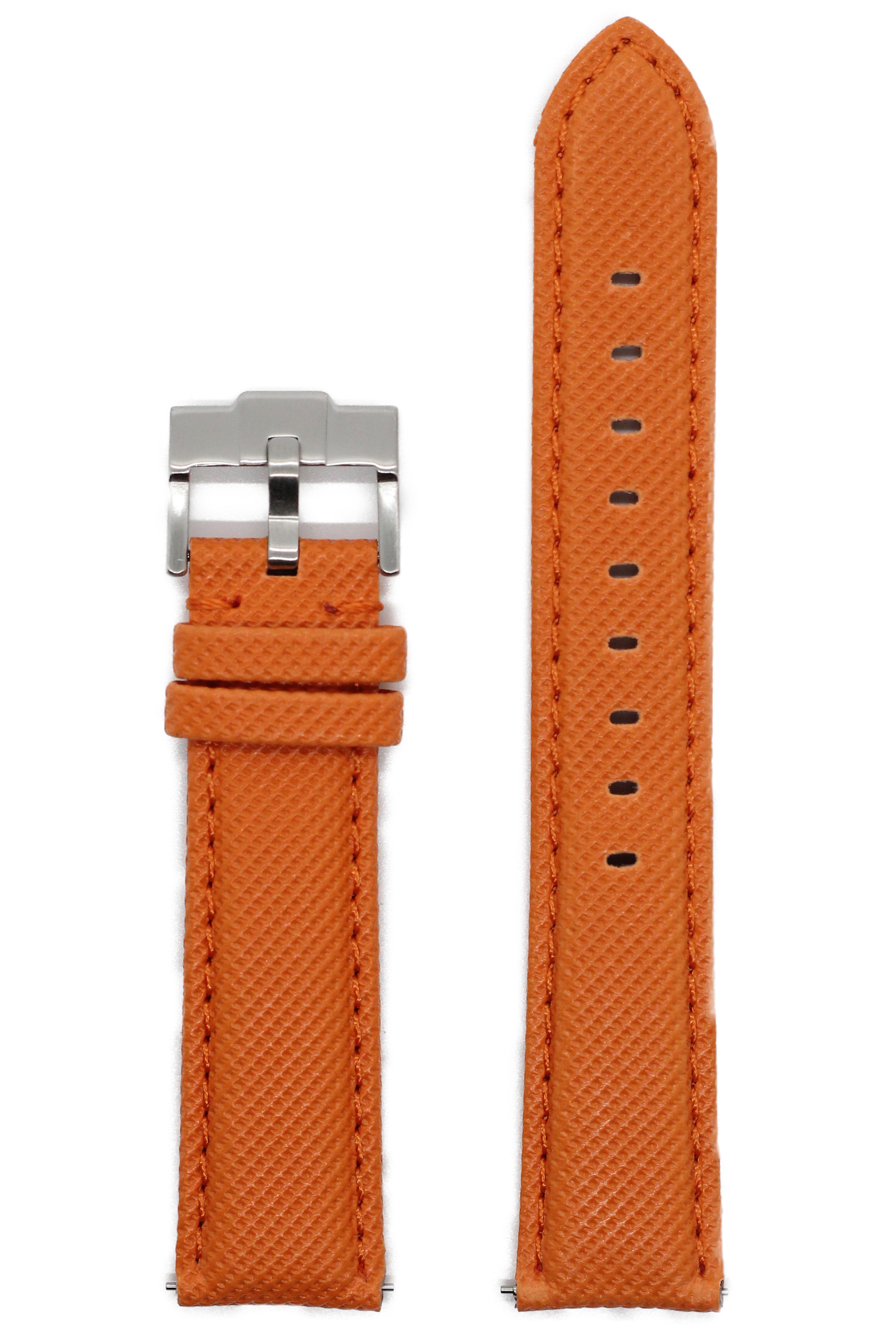 Orange sailcloth quick release watch band with silver buckle and stitched edges