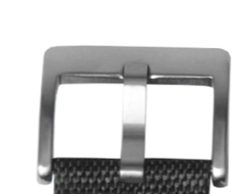 Quick release stainless steel watch band buckle with black sailcloth strap and white stitching detail