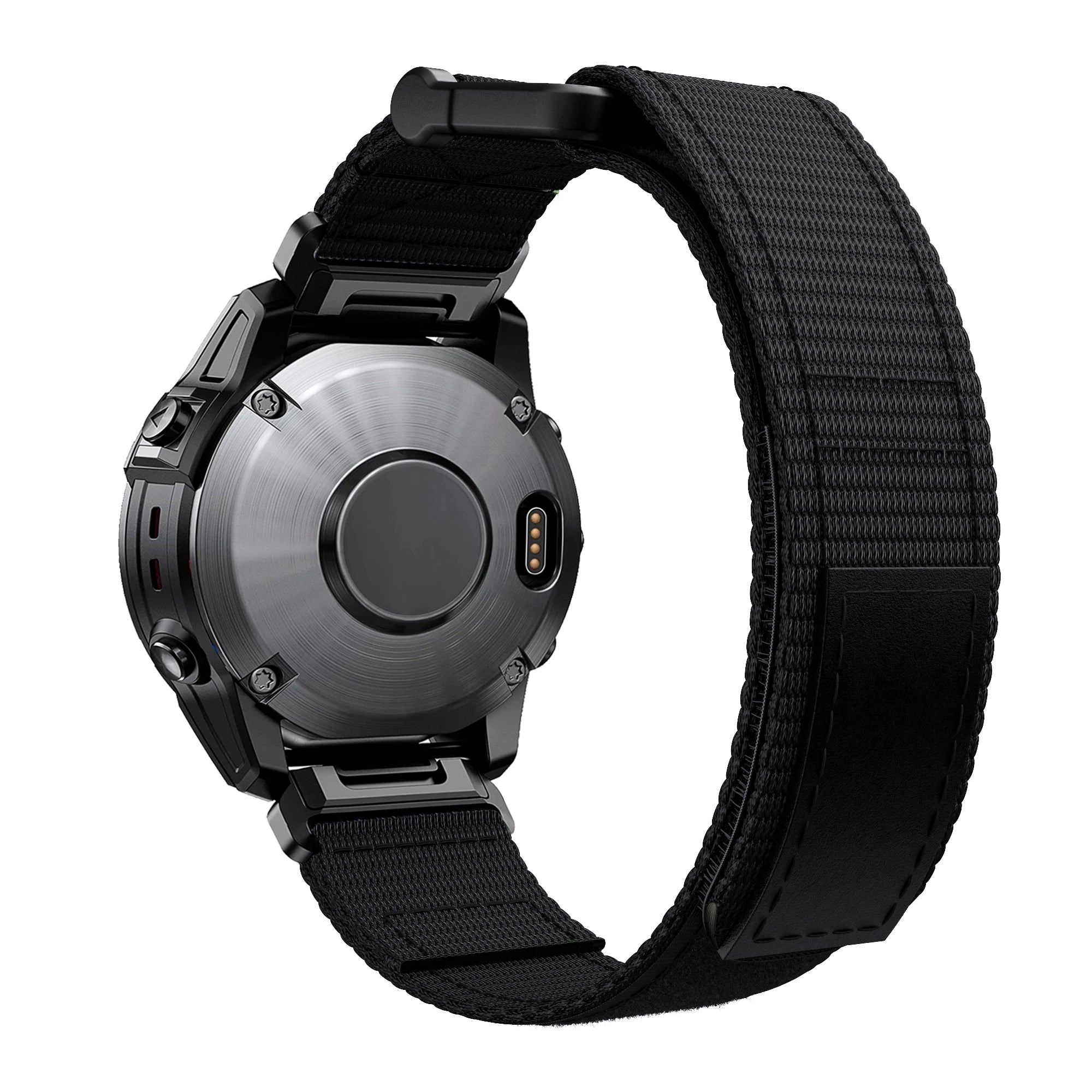 Black tactical smartwatch with brushed metal case, digital display, and quick-fit velcro army strap band