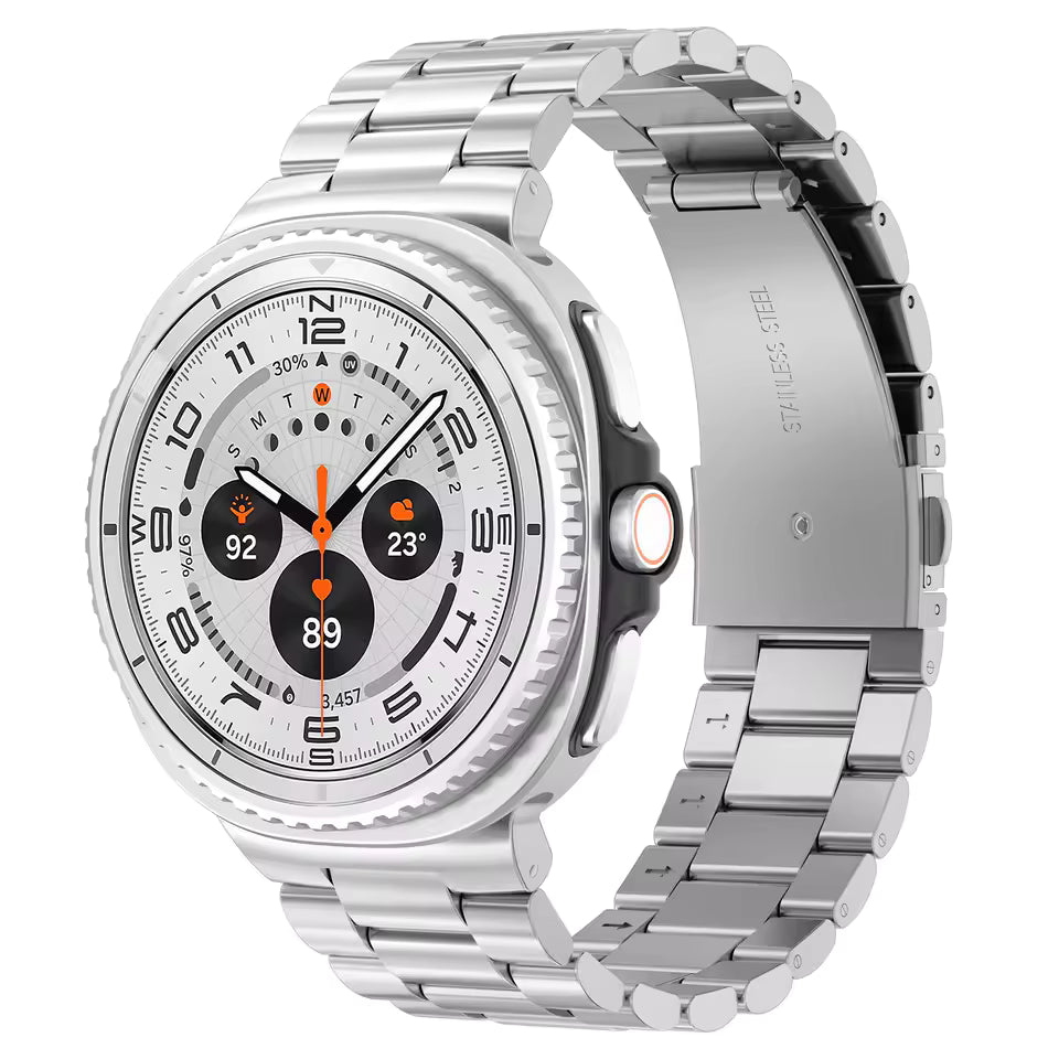 Silver stainless steel smartwatch with white dial, orange chronograph hands, three black subdials, and matching metal bracelet band