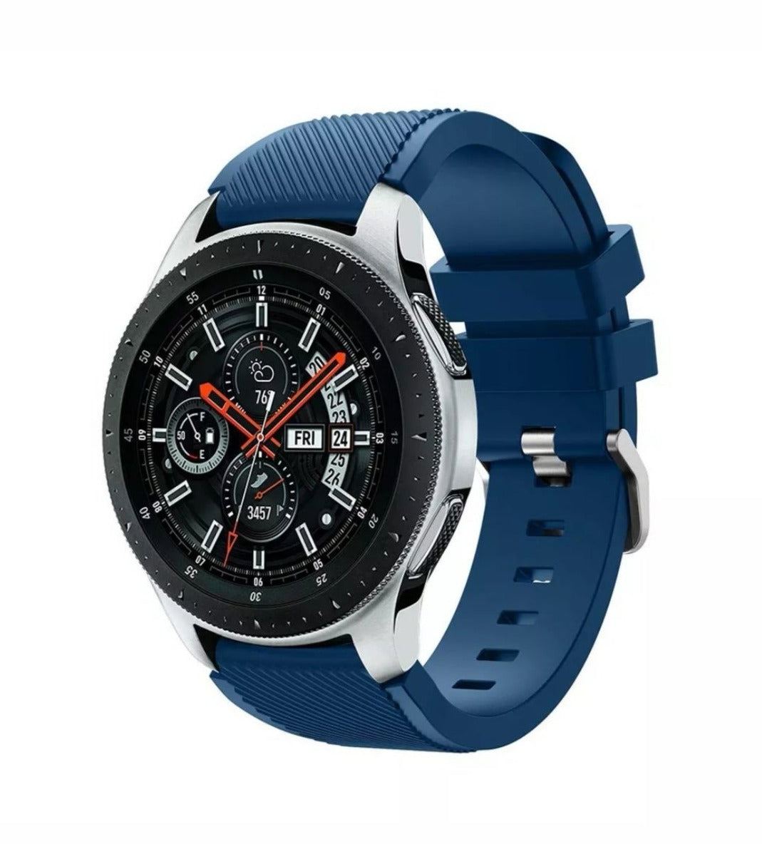 Silver smartwatch with black chronograph dial, red accents, and blue silicone sport band featuring textured grip