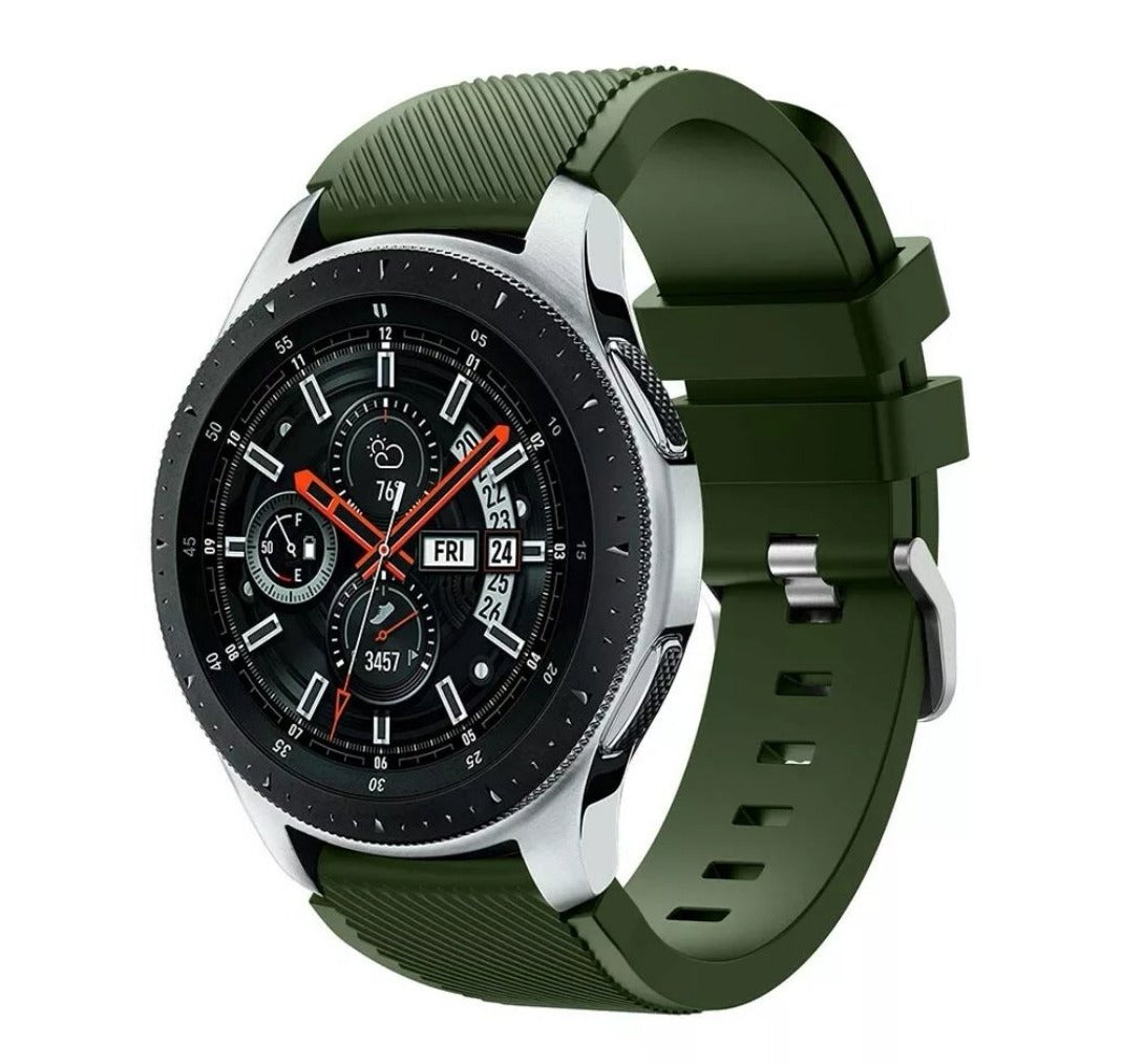 Galaxy Watch smartwatch with silver case, black dial, and olive green silicone sport band featuring activity tracking