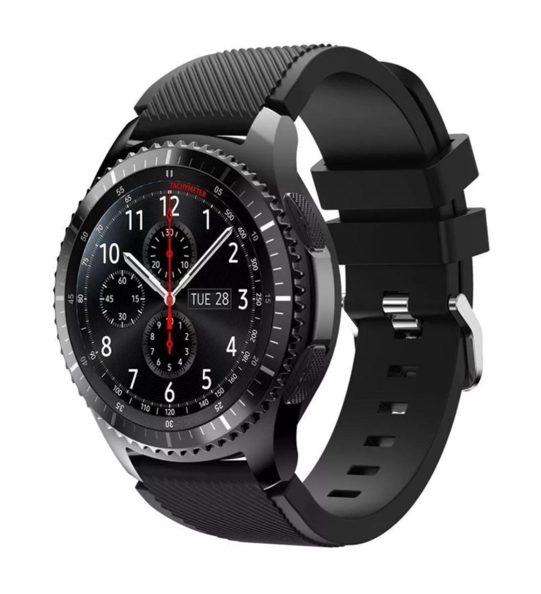 Black silicone sport watch band with quick-release connectors for Fitbit Versa and Sense smartwatches
