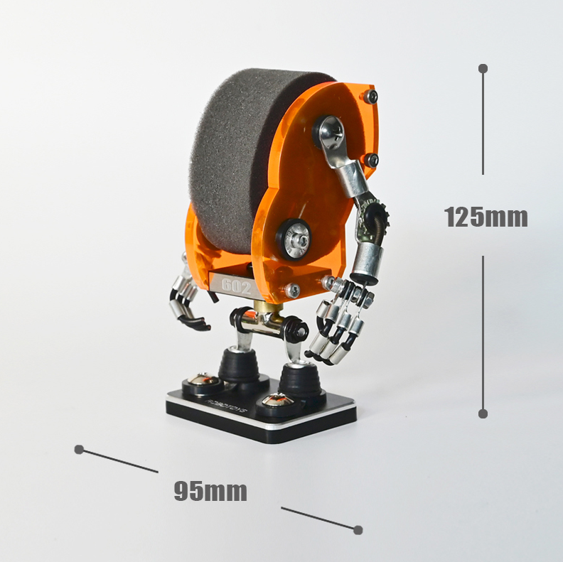 Orange and black miniature robot watch stand with mechanical arms on base, 125mm height