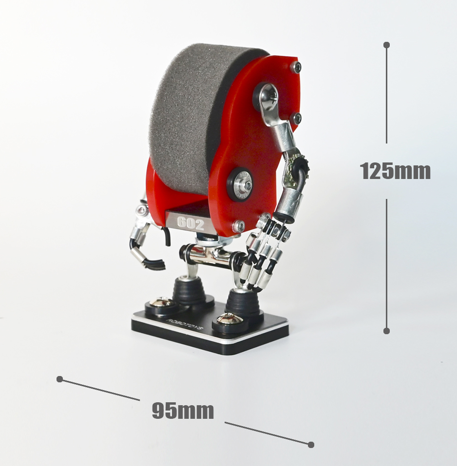 Red minibot watch stand with mechanical design, 125mm tall, featuring gray abrasive wheel and metal articulated arms on black base