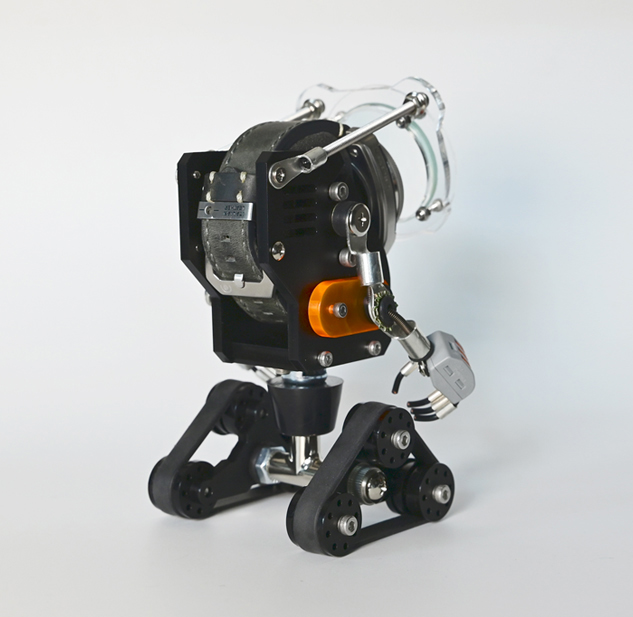 Black RoboTank watch stand with transparent dome, mechanical gears, and wheeled base displayed against white background