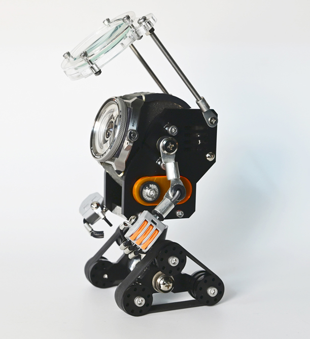 Black RoboTank watch stand with articulating arms, orange accents, and adjustable display mount for smartwatches