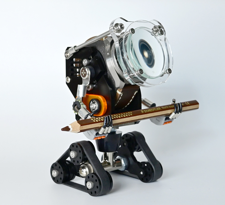 RoboTank black robotic watch stand with mechanical camera head and articulated wheeled base