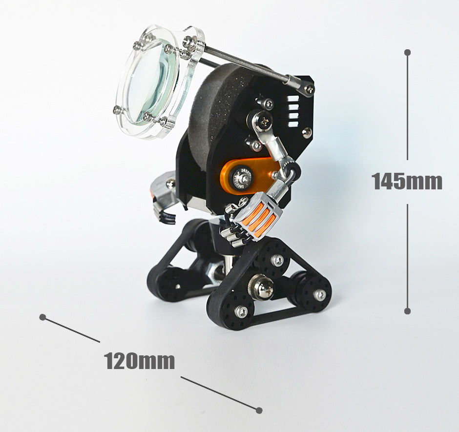RoboTank black robotic watch stand with articulated arms and orange accents holding clear display case