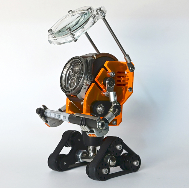 RoboTank neon orange watch stand with articulated robotic arms and treaded base holding display watch