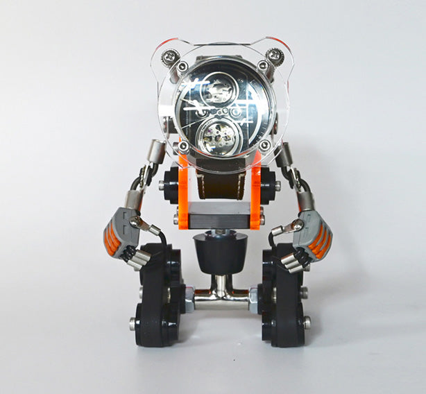 RoboTank watch stand neon orange with chrome headlight design and black wheels front view