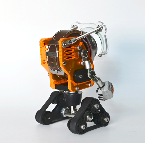 Neon orange RoboTank robotic watch stand with black wheels and transparent dome on white background