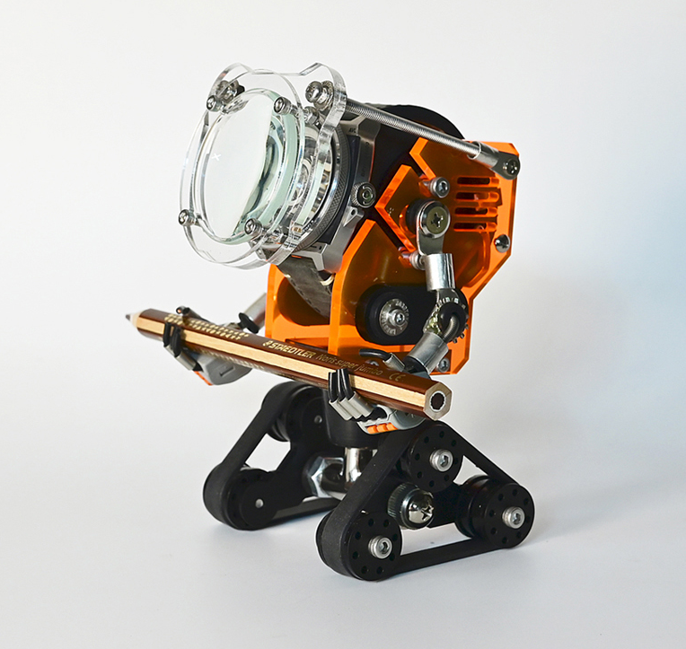 Orange robotic watch stand with articulated arms, clear lens head, and black tracked base on white background