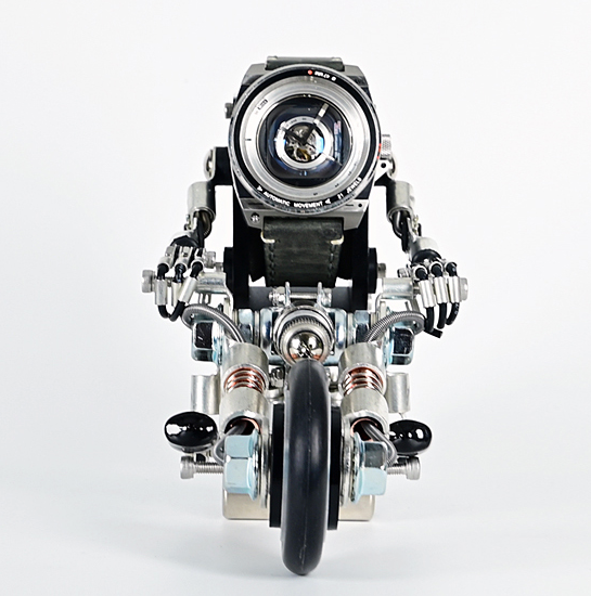 Steampunk robot motorcycle watch stand with silver metal body, black leather strap watch head, and detailed mechanical design