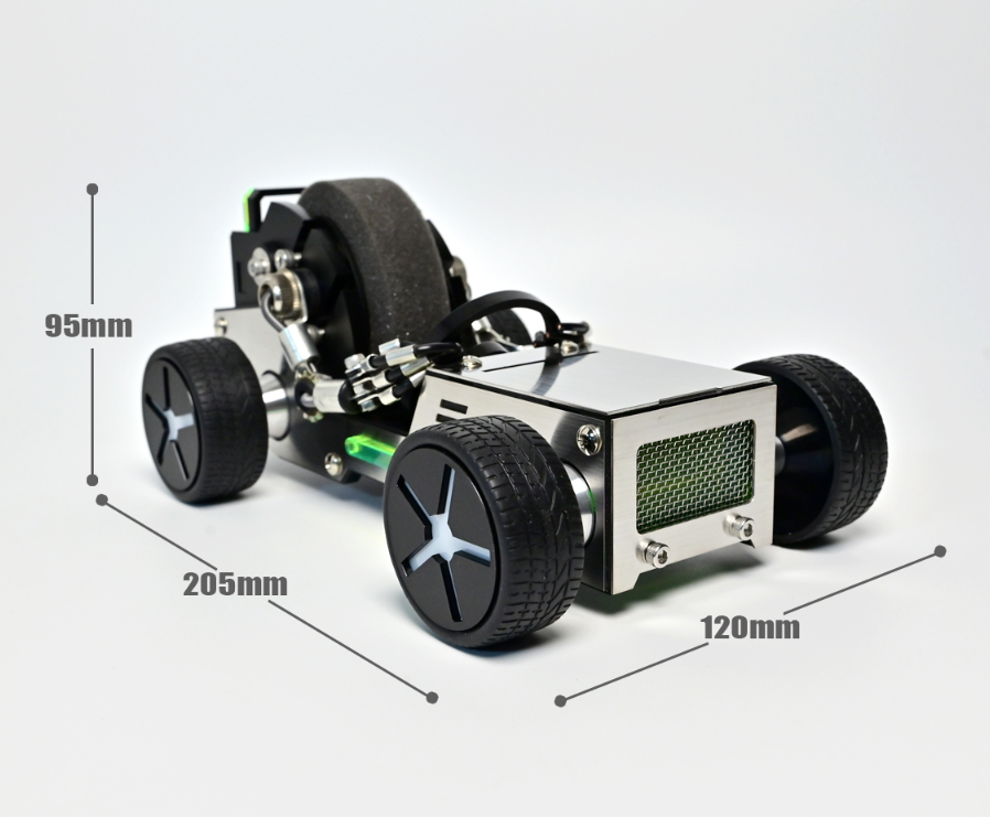 RoboToys Roadster Watch Stand with dimensions, black rubber tires and white chassis with green accents
