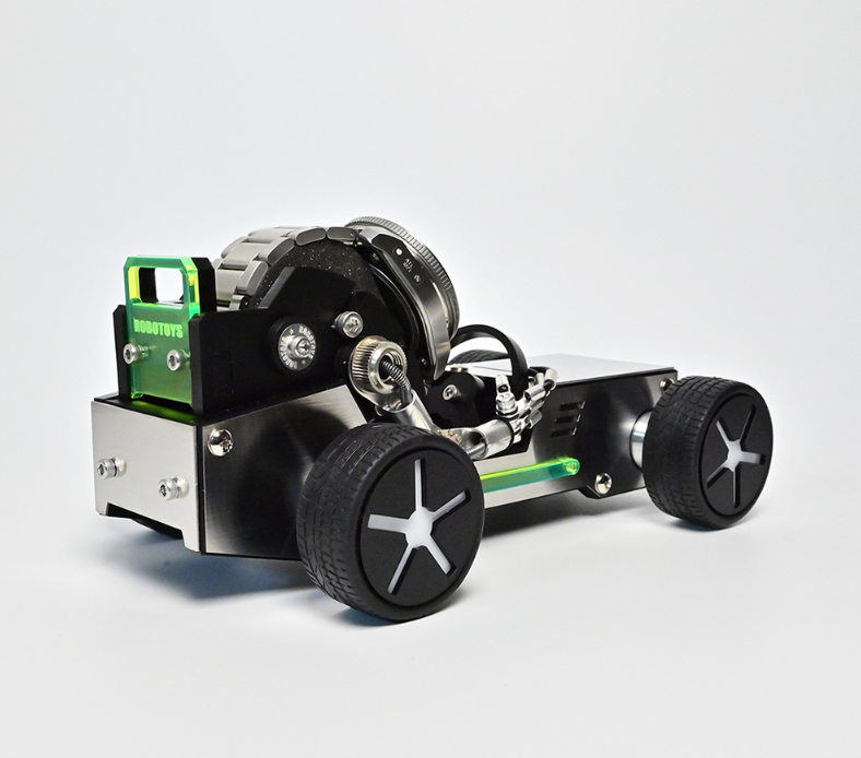 Green and black metal roadster watch stand with working engine mechanism and star-pattern wheels on white background