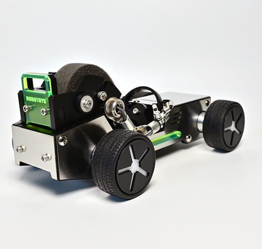 Green and black robot watch stand styled as a roadster car with black tires and metal accents