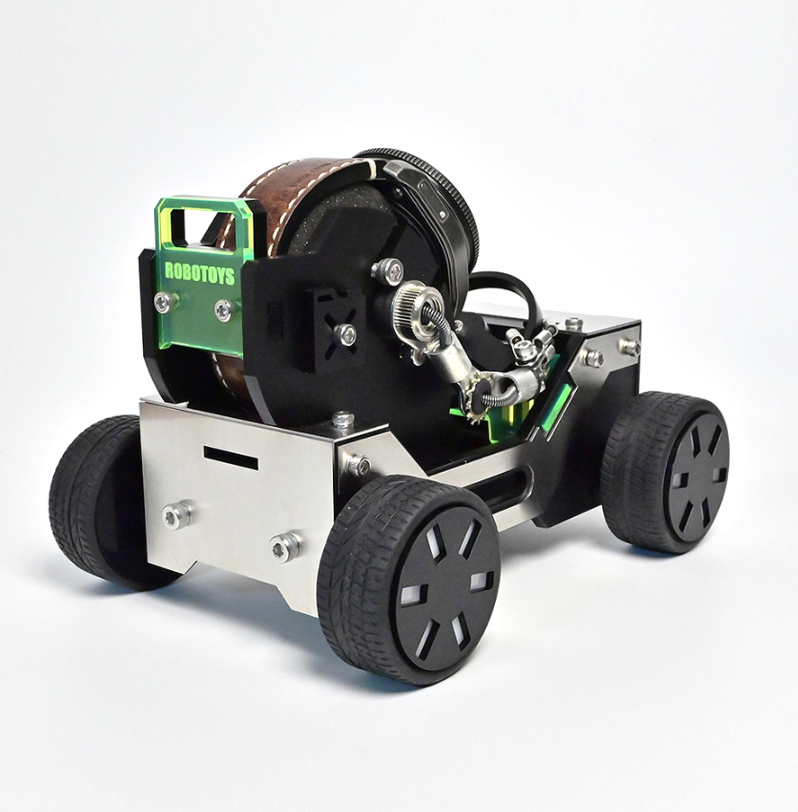 RoboToys Offroader watch stand with green cab, black motor, white chassis and textured black wheels on white background